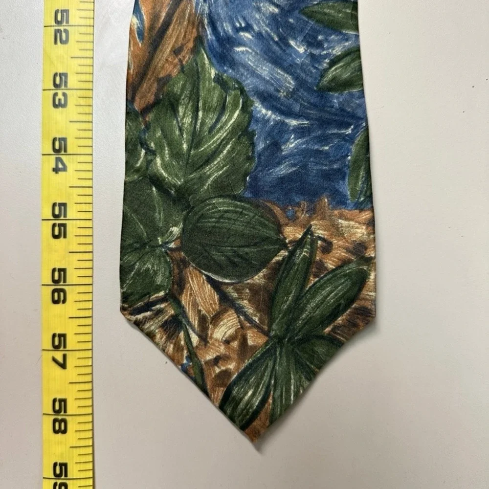 Lord Ascot Mens Silk Tie Tropical Botanical Leaf Print Blue Green Made in USA